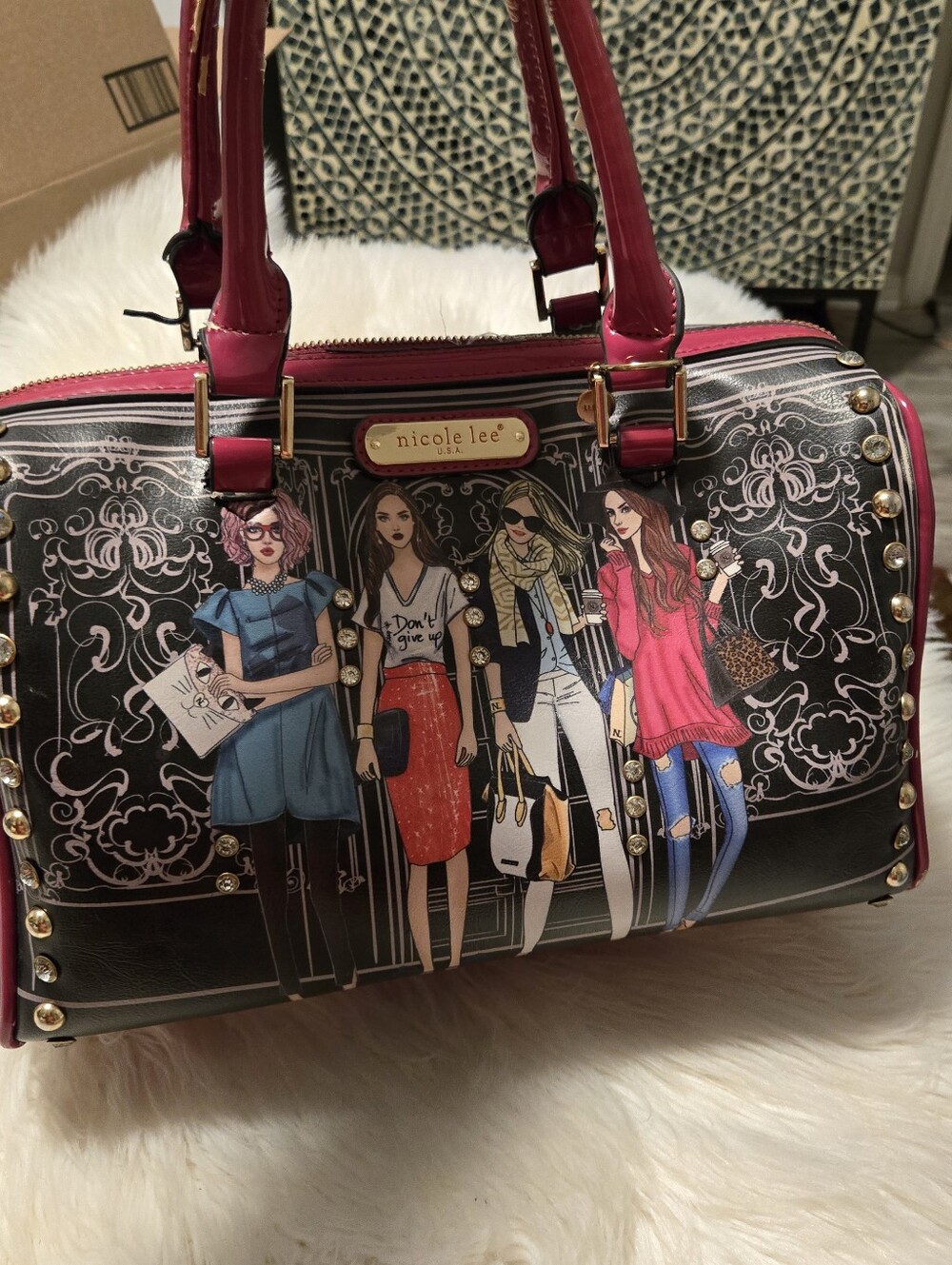 Nicole Lee Pink and Black Illustrated Fashion Satchel - Picture 7 of 7